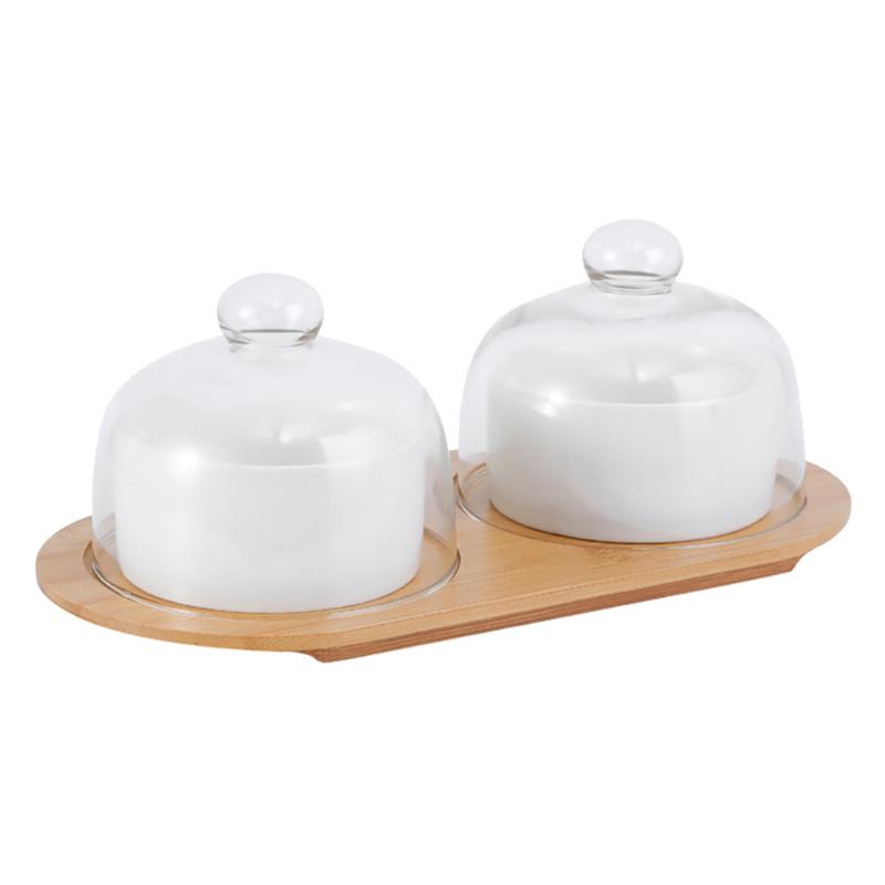 

Set Of Ceramic Dessert Dish Salad Bowl Fruit With Glass Cover Tray White Disposable Cups & Straws