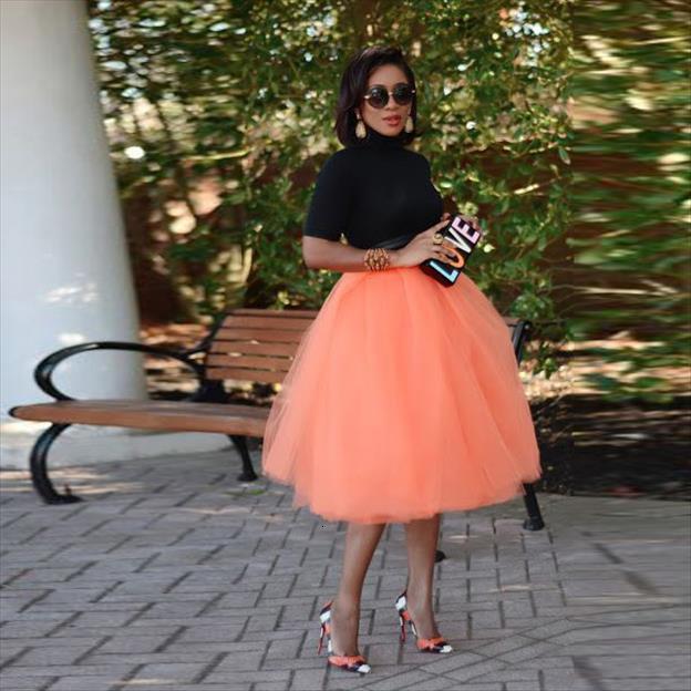 

wonderful coral midi tulle women skirts sweet color calf elastic faldas mujer moda, Black