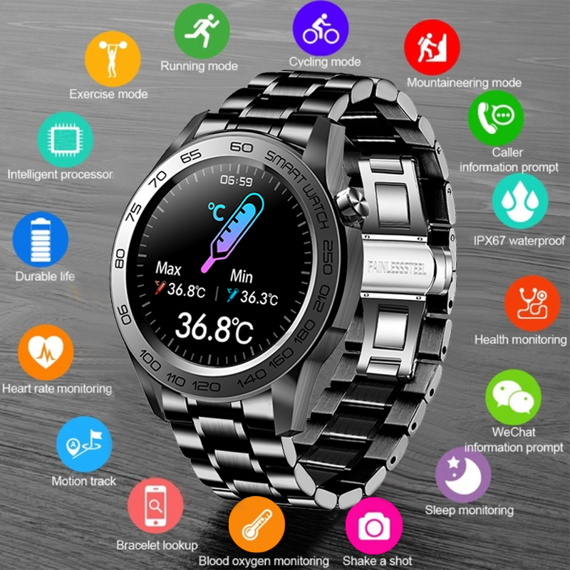 

2021 Smart Watch Men Pedometer Sport Fitness Full Touch Intelligent Clock Body Temperature Waterproof Smartwatch For Android iOS, Black