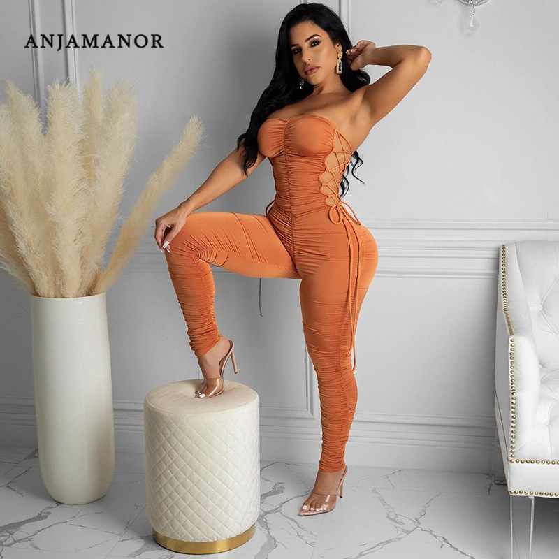 

ANJAMANOR Side Hollow Out Lace Up Bandage Bodycon Jumpsuit Sexy Club Wear Women Clothes One Piece Outfit Summer Romper D85-CE24, Black