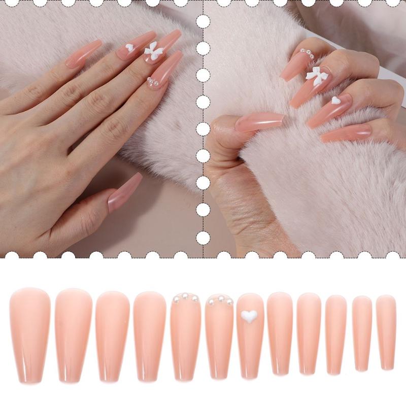 

False Nails Beauty Long Paragraph Love Heart Jelly Gum Bow Pattern Artificial Fake Nail, Red;gold