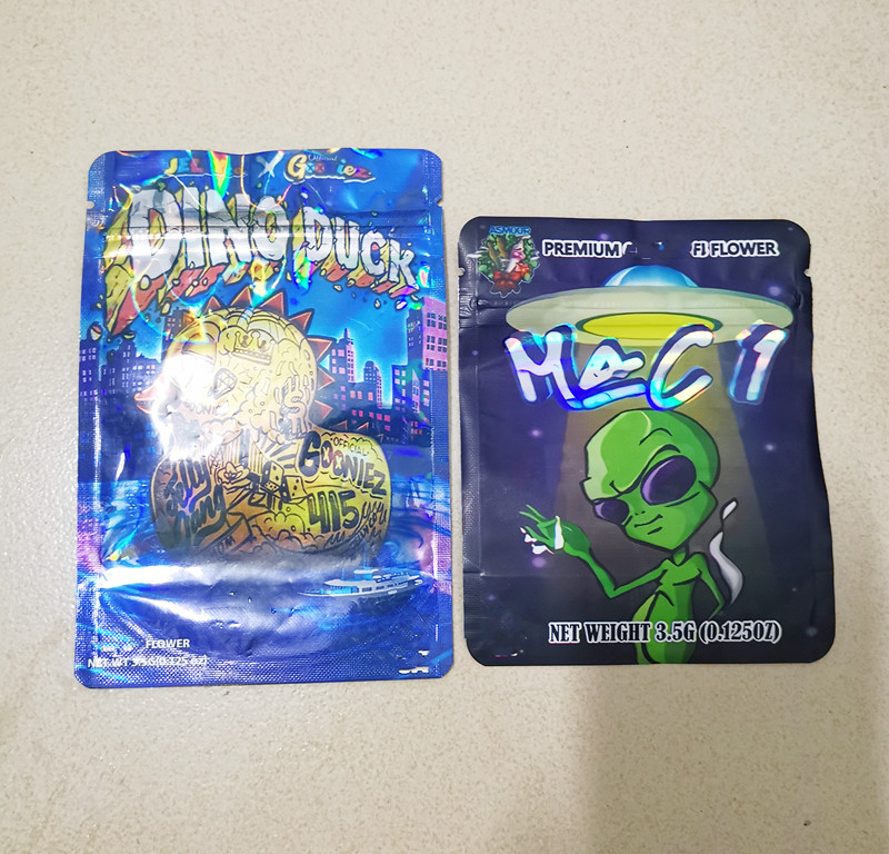 

mylar bag 3.5 grams holographic dino duck MAC 1 aluminum foil Custom printing heat seal plastic flower stand up smell proof resealable moisture package