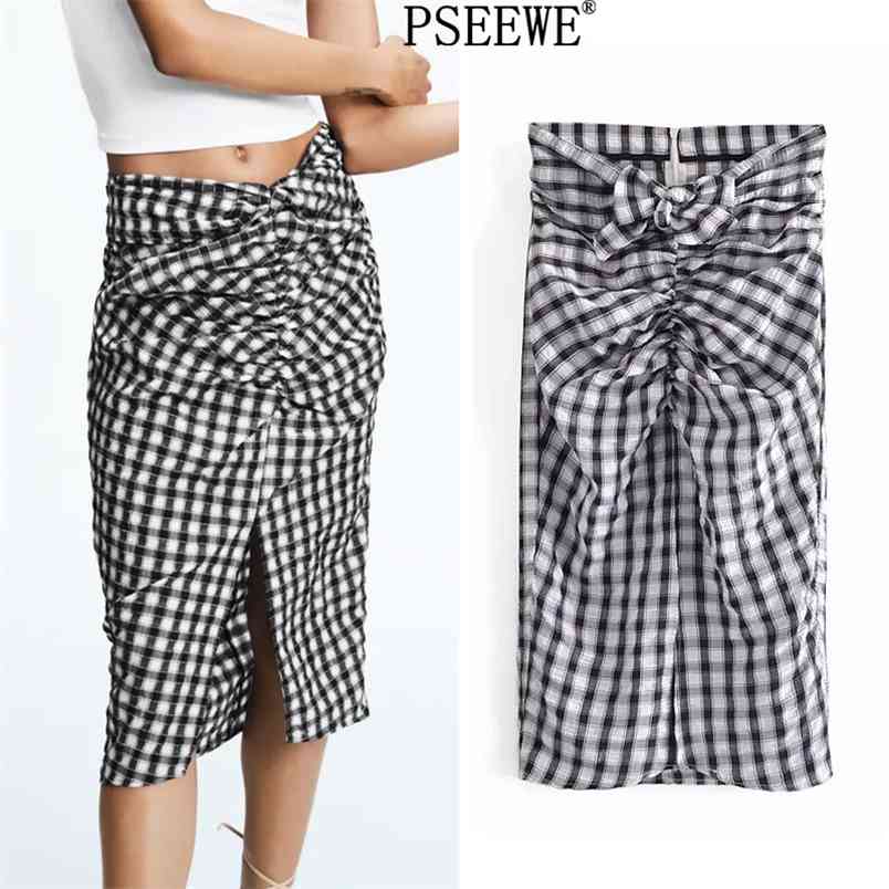 

Women Skirt Plaid High Waist Elegant Long s Woman Blue Slit Pencil Midi Summer Vintage Female s 210519