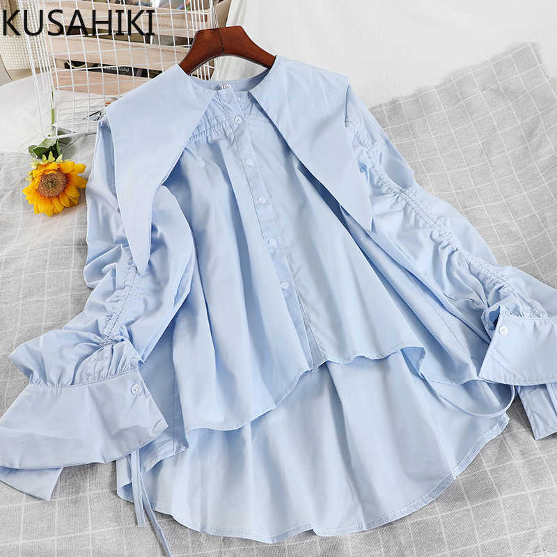 

Elegant Causal Women Blouse Korean Pleated Puff Long Sleeve Turn-down Collar Shirt Spring Blusas Mujer 6E455 210603, Blue