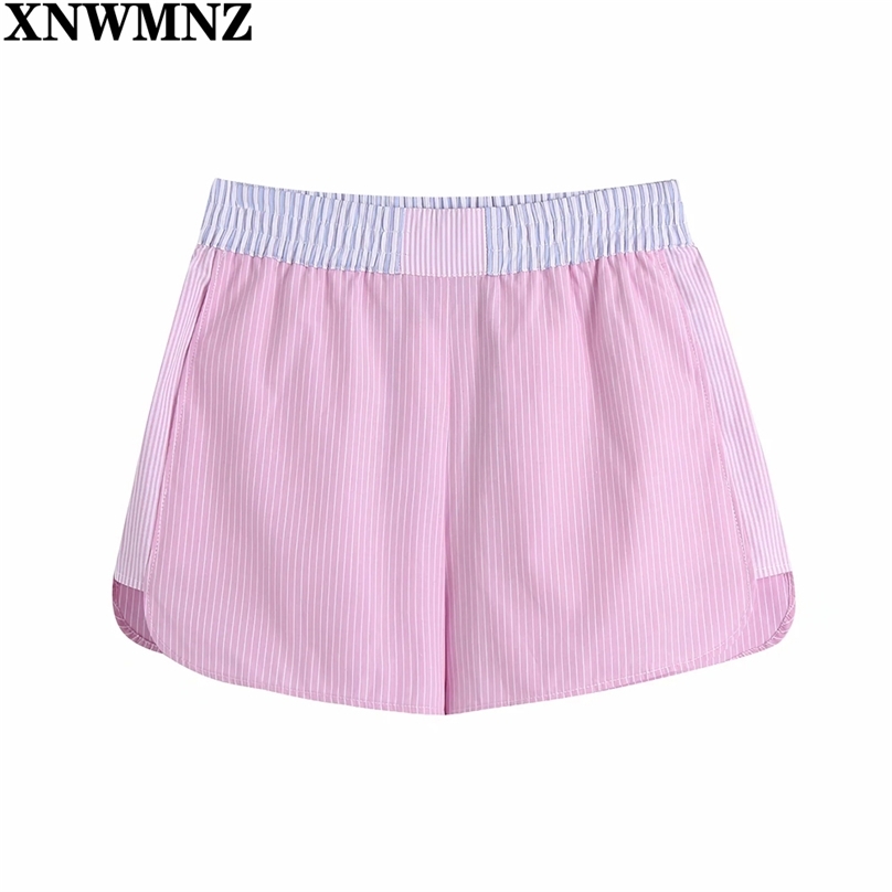 

Women Patchwork Striped Summer Shorts Vintage Elastic Waist Pink Short Pants Fashion High Waisted Feminino 210520