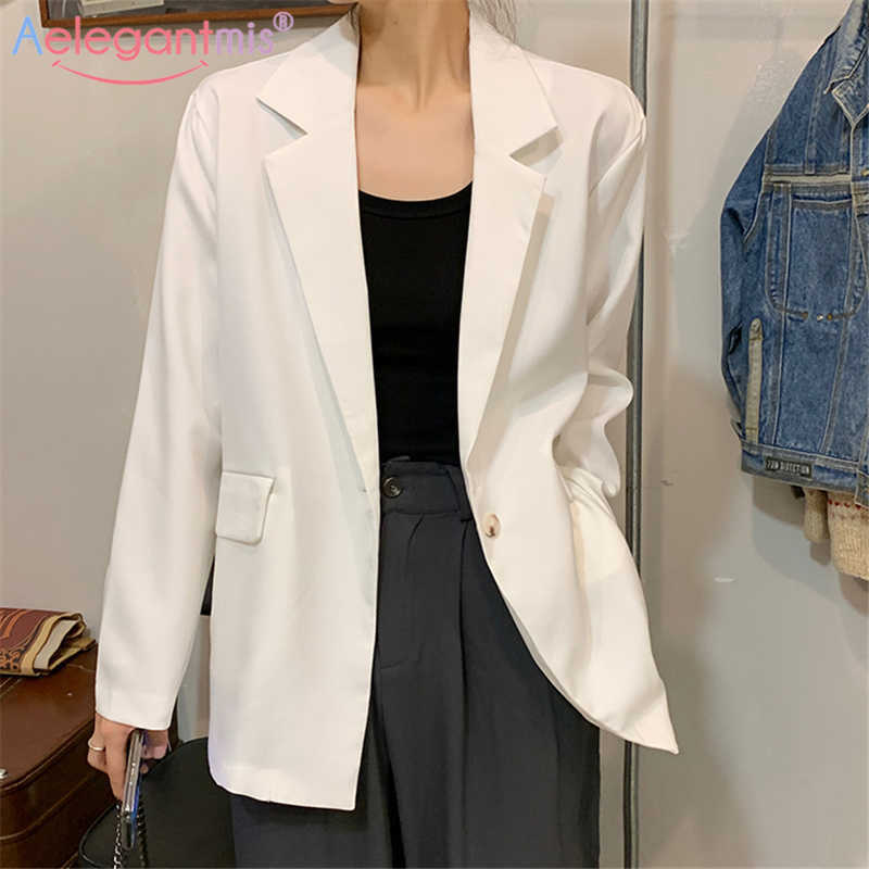 

Aelegantmis Loose Casual Women Single Button Blazer Jacket Office Lady Vintage Spring Female OL White Coat Korean Chic 210607, Apricot