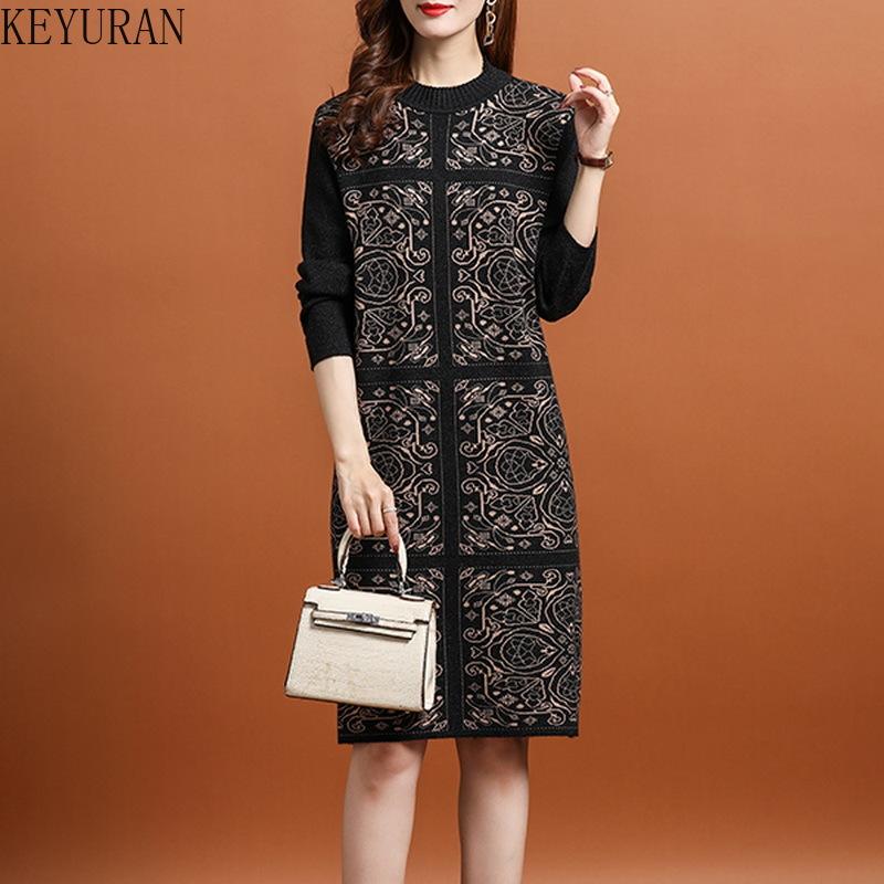 

Casual Dresses Knitting Dress For Women Autumn Winter 2021 O-Neck Pullover Vintage Jacquard Patchwork Knee-Length Sweater Woman, Photo color