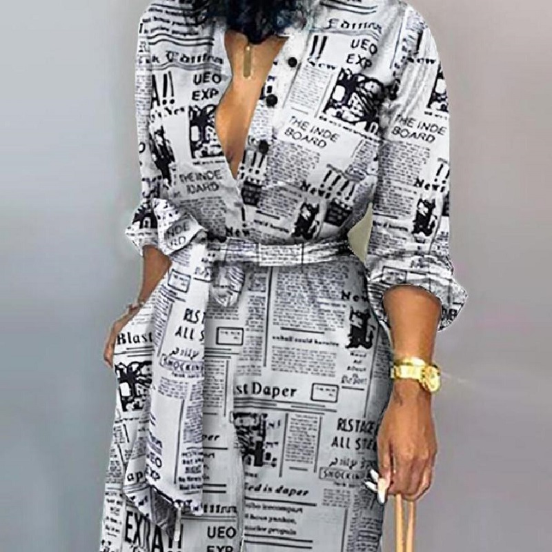 

Office lady fashion newspaper print lace-up jumpsuits full sleeve autumn rompers high waist wide leg pants temperament overall, Multi