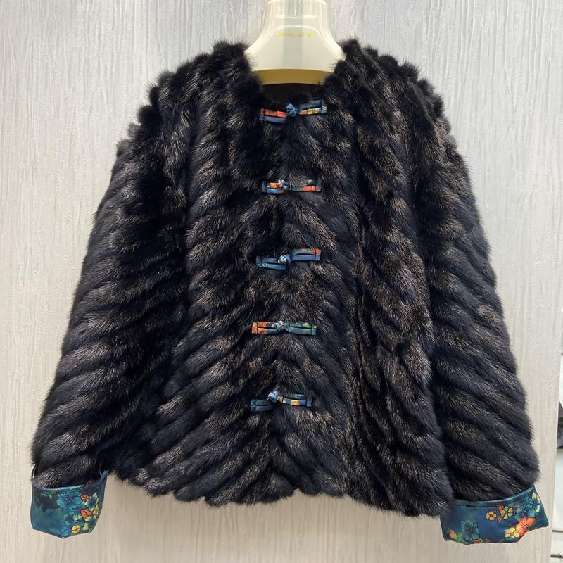 

Women's Fur & Faux Winter Jackets Real Mink Coats Chinese Style Loose Size Fashion Female Genuine With Sheepskin Leather, Black
