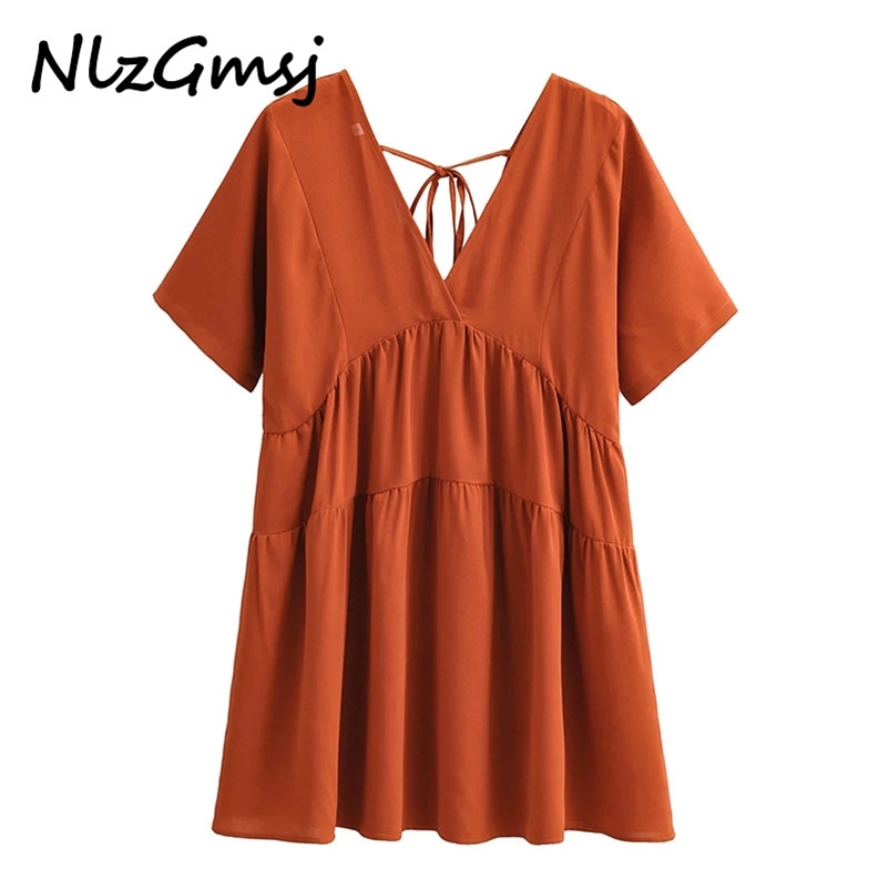 

Dres V-neck Short Sleeve High Waist Vintage Pure Color Loose Back Tie Chic Female Mini es 05 210628, As picture
