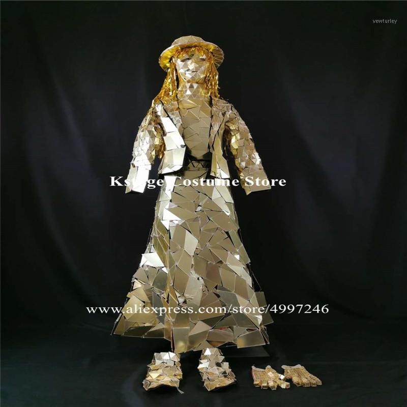 

Party Decoration BV8 Model Wears Gold Mirror Costumes Stage Glass Dress Dj Sparkly Outfit Robot Women Suit Hats Rave Ds