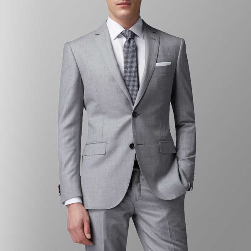 

Light Grey Business Men Suits Slim Fit 2 Piece Male Fashion Jacket with Pants Wedding Tuxedo for Groom Dinner Party Costume X0909