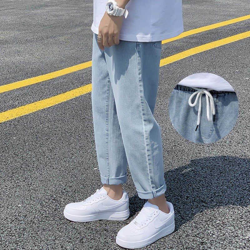 

Wide-leg straight jeans men women fall winter loose casual rope trousers male students Korean all-match pants trend streetwear 210526, Light blue