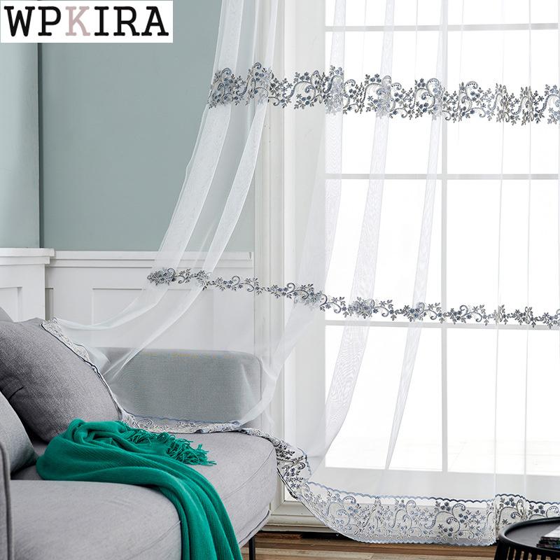 

Nordic Curtain For Living Room Blue Vine Pattern Lace Sheer Drape Kitchen Bay Window Embroidery Voile Mesh Custom Made S361#D & Drapes