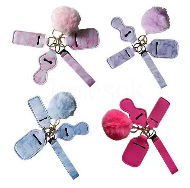 

11 Colors 5pcs Defense Keychain Set Pompom party favor Hand Sanitizer Wrist strap Lipstick Keychains Silver Keyring For Woman Men Self-defense Keyrings WJY591