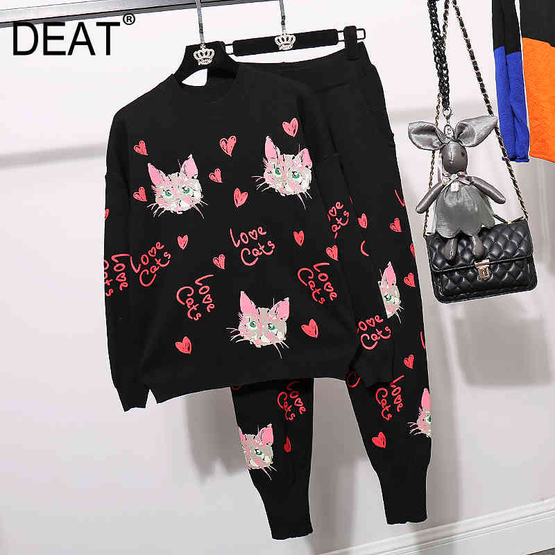 

Women Knitting Round Neck Casual Temperament Long Pants Two Piece Set Fashion Spring Autumn 11D416 210525, Black