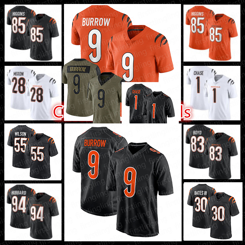 

1 Ja'Marr Chase 9 Joe Burrow Cincinnati''Bengals''Mens 85 Tee Higgins 2 Evan McPherson 28 Joe Mixon Football Jersey, Black;red
