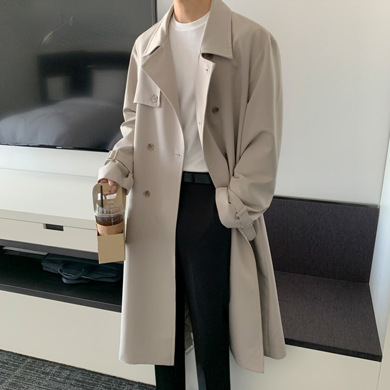 

2021 Autumn Mid Long Windbreaker Men's Korean Fashion Over Knee Loose Double Breasted Trend British Trench Coat With Belt, Tan;black