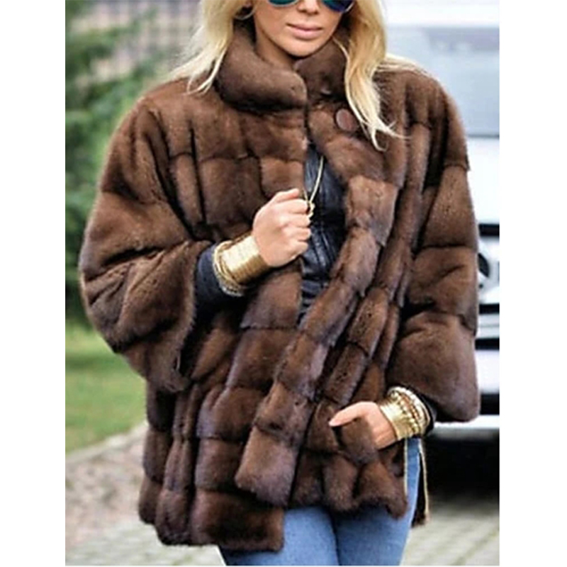 

Plush plaid style women' fur coat high-quality stand-up collar retro comfortable fashion travel commute, Brown