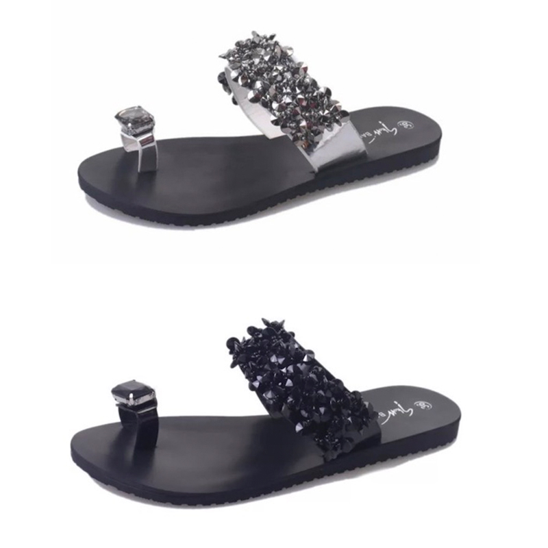 

Women Flip Flops Slippers Diamante Crystal Sandals Flat Bling Slides Slipper Summer Beach Non-slip Stuffies Fashion Black Platform Shoes