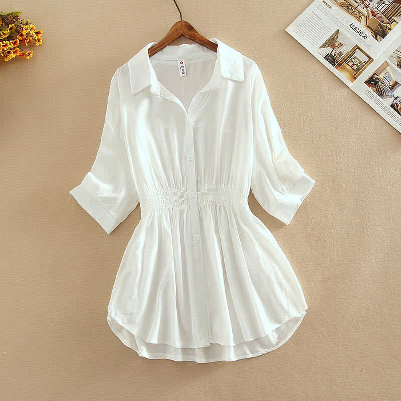 

Tunic White Shirt Women Chiffon Blouse Casual Lapel Half Sleeve Button Office Ladies Tops Summer Pleated Slim Waist Loose 210526, Orange