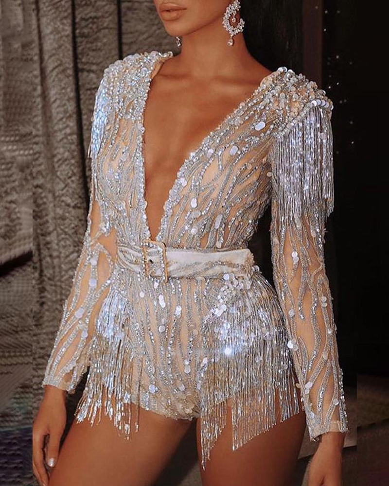 Glitter Sequin Rompers and Jumpsuits 2021 Spring Women Long Sleeve V Neck Bodycon Tassel Sexy Club Party Playsuits-image-710461182