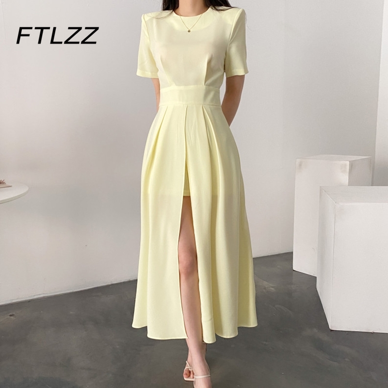 

Women Elegnat Office Dress Summer Slim Round Neck High Waist Split Causal Dresses Ladies Short Sleeve A-line Vintage Long Robe 210602, Black