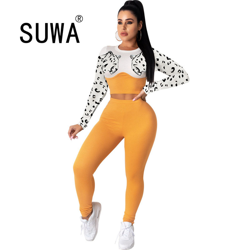 

Animal Print Long Sleeve Pullover Sweat Retro Top + Skinny Pants Sweatpants Casual Two Piece Outfits Women Matching Sets 210525, Yellow