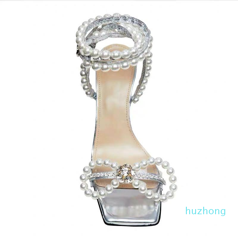 

Elegant Dress Shoes Woman Open Toe High Heels Pearl Sandals Ankle Strap Party Women Brideshoes, Black