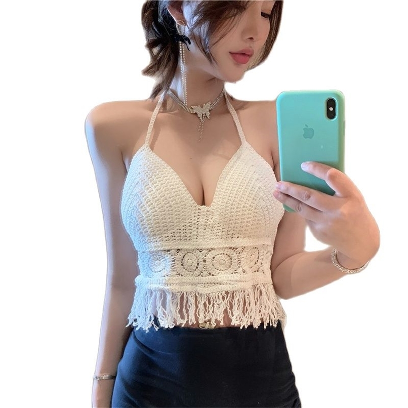 

Fashion women's camisole summer style beautiful back halter neck lace white chest pad woven 210520