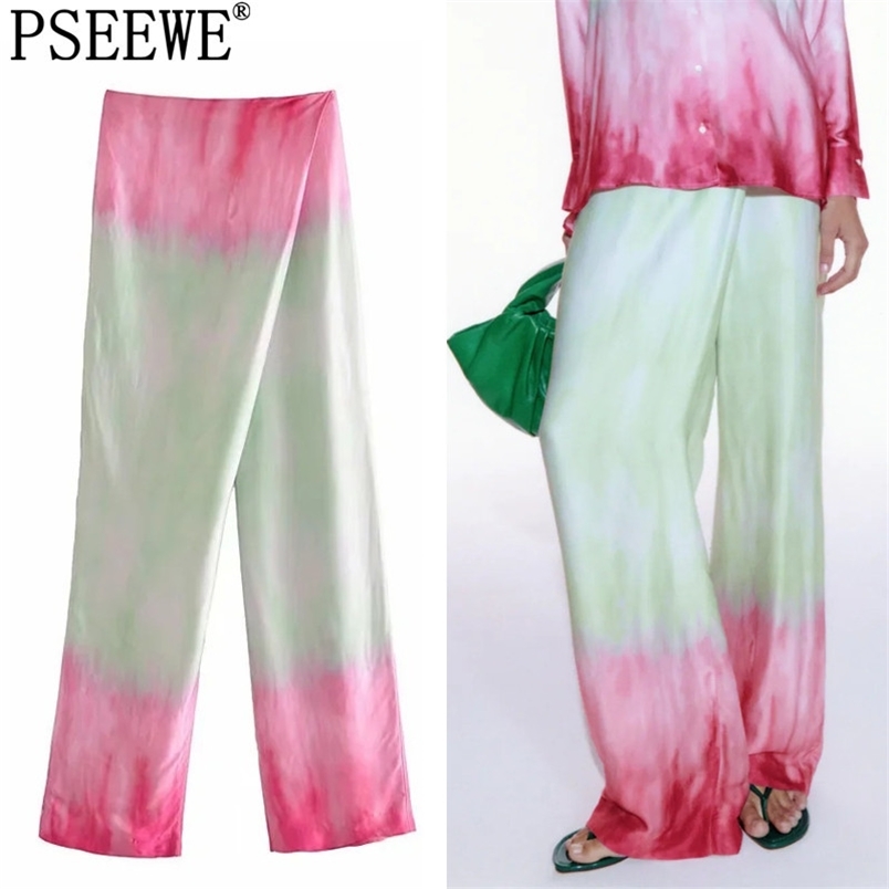 

Pants For Women Tie Dye High Waist Wide Leg Woman Trousers Summer Wrap Satin Streetwear Casual Loose Sets 210519, Brown