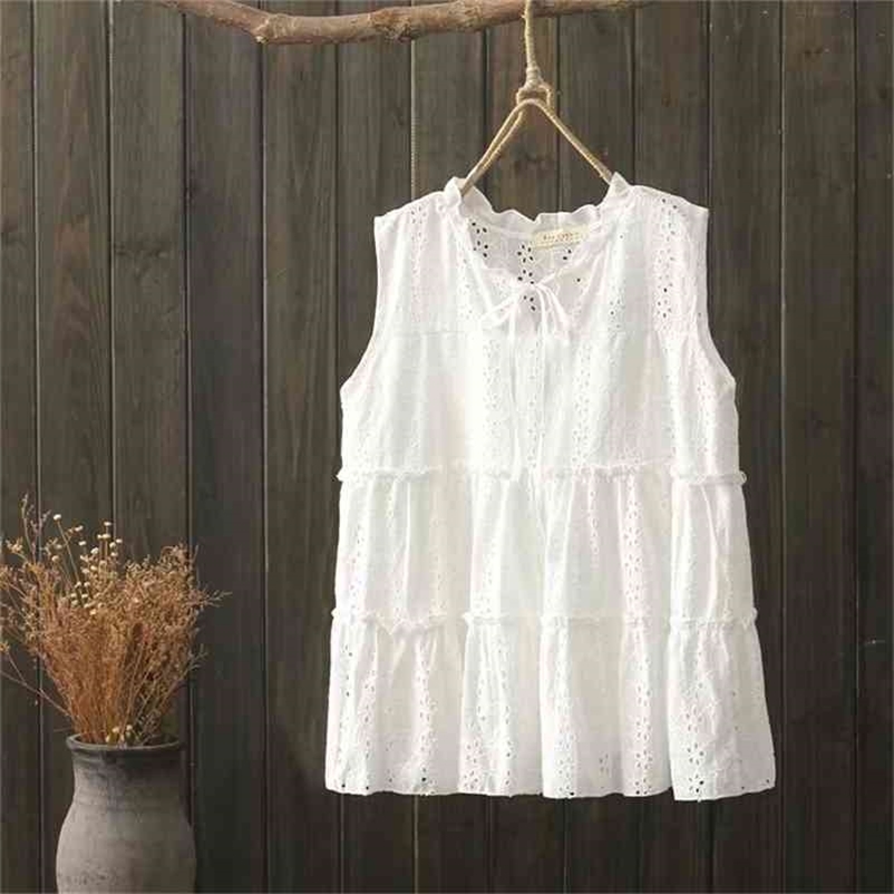 

Summer Style V-neck Lace-up Cotton Solid Shirt Hollow Out Embroidery Short Vest Sleeveless Women Tops 210615, Navy