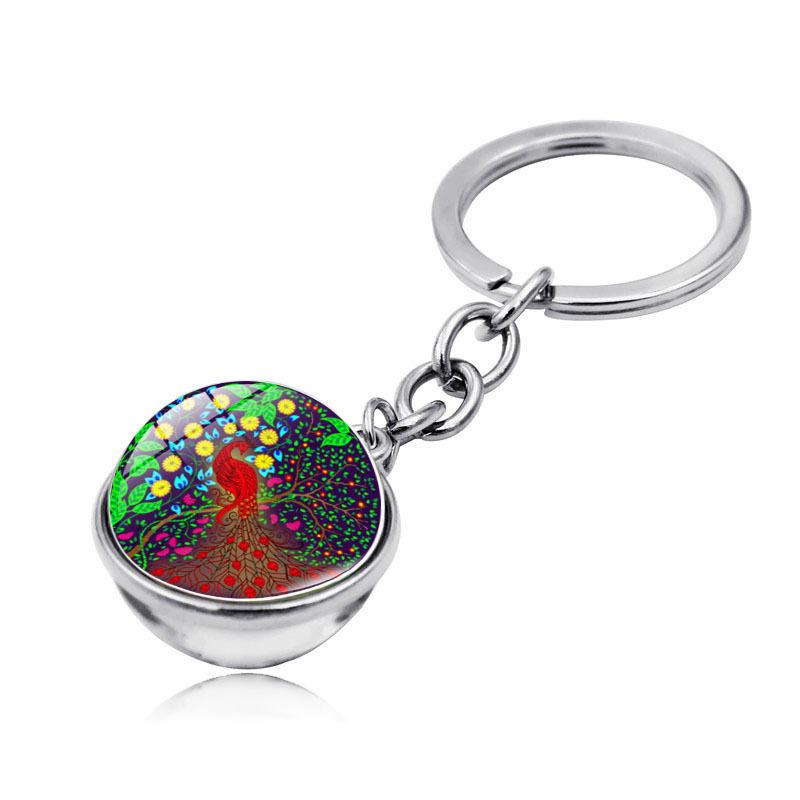 

Keychains Peacock Double-sided Crystal Ball Keychain Handmade Retro Green Jewelry Art Print Accessories Ladies Gift