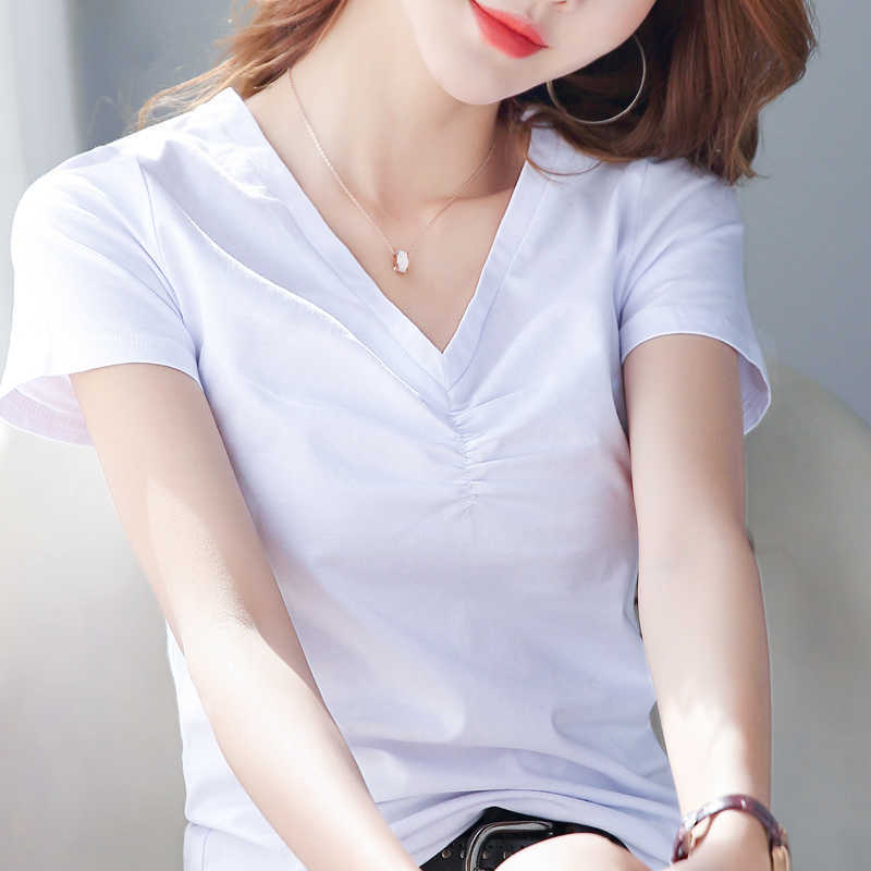 

Fashion T Shirt Women Short Sleeve Summer T-shirt Women Clothes V-neck Cotton White T Shirt Camiseta Mujer Tee Shirt Femme C839 210602, Black