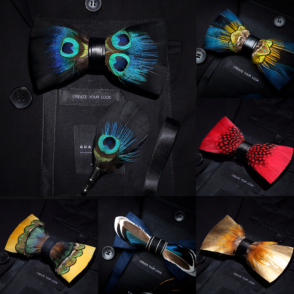 

Men Bow-tie Brooch Set Feather Style Leather Bow Tie Adjustable Formal Tie Bowtie Wedding Party Best Gift