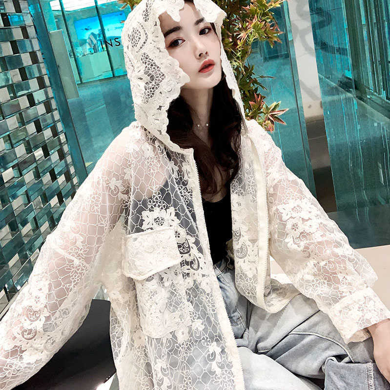 

Fashion Summer Lace Embroidery Sun Protection Hooded Coat Women Zipper Casual Loose Vacation Chic Top 210526, Photo color