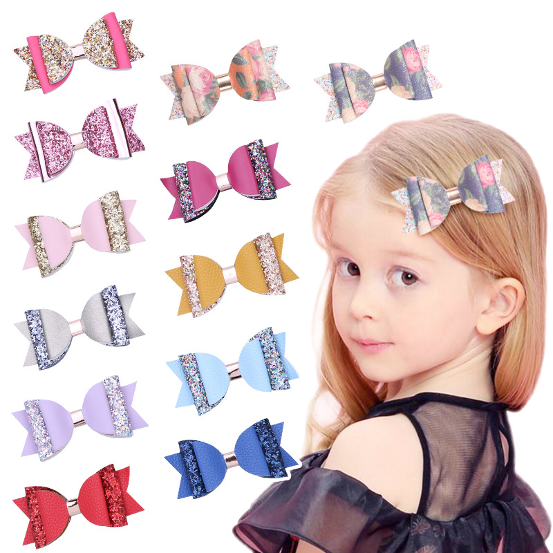 

2021 Rainbow Butterfly Hair Accessories Pins Glitter Leather Big Bow Side Clips Cartoon Children's, Customize