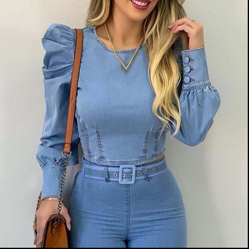 

fashion spring autumn women shirts round neck puff sleeve corset long blue denim shirt, White