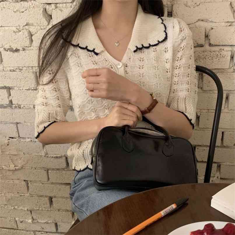 

Fashion knitted short-sleeved T-shirt spring/summer product exquisite hollow lapel thin knit cardigan 210520, Sky blue