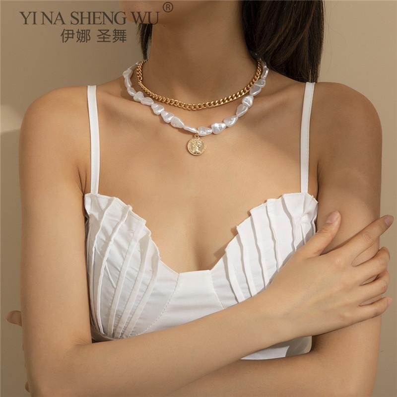 

Chokers Women Punk Retro Multilayer Imitate Pearl Geometric Pendant Necklace Ladies Chain Design Jewelry Gift Accessories, Golden;silver