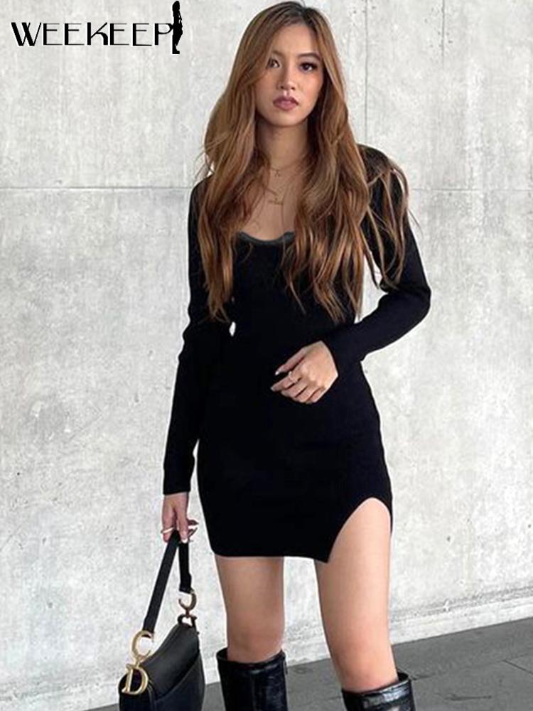 

Casual Dresses Weekeep Basic Black Knit Dress Two Piece Set Women Long Sleeve Skinny Split Mini And Bandage Lace Corset Top Y2k Aesthetic, Only corset