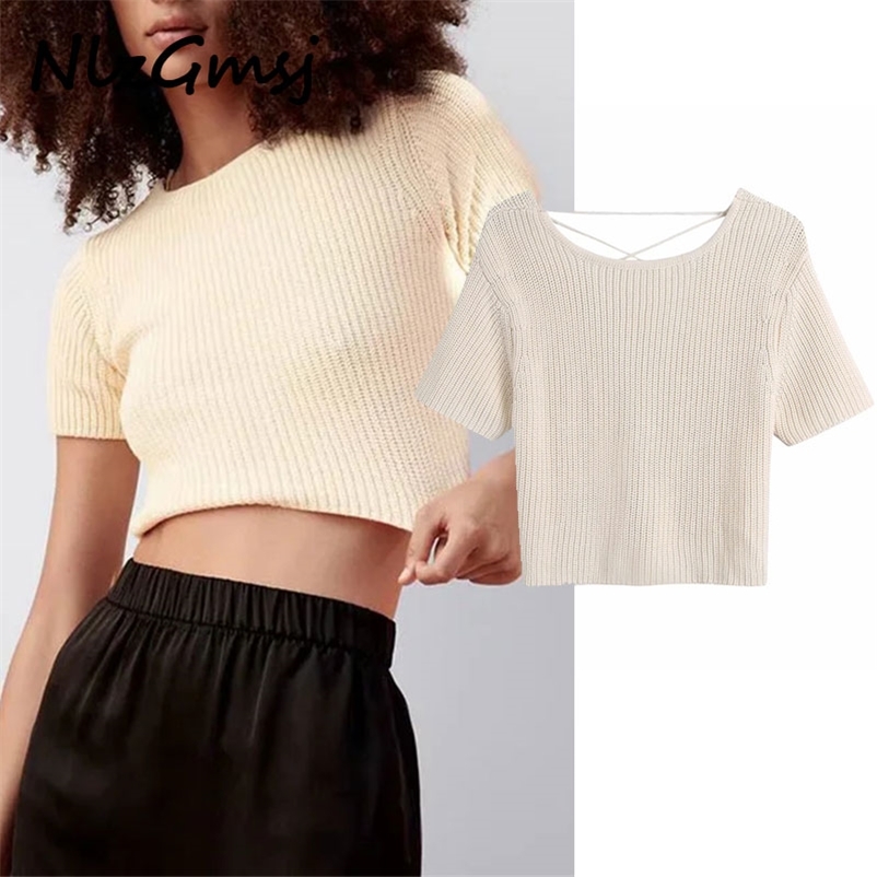 

T shirt Women Spring summer fashion backless knitted short T-shirt for women O-neck Tops Lady Outwear 04 210628, As picture