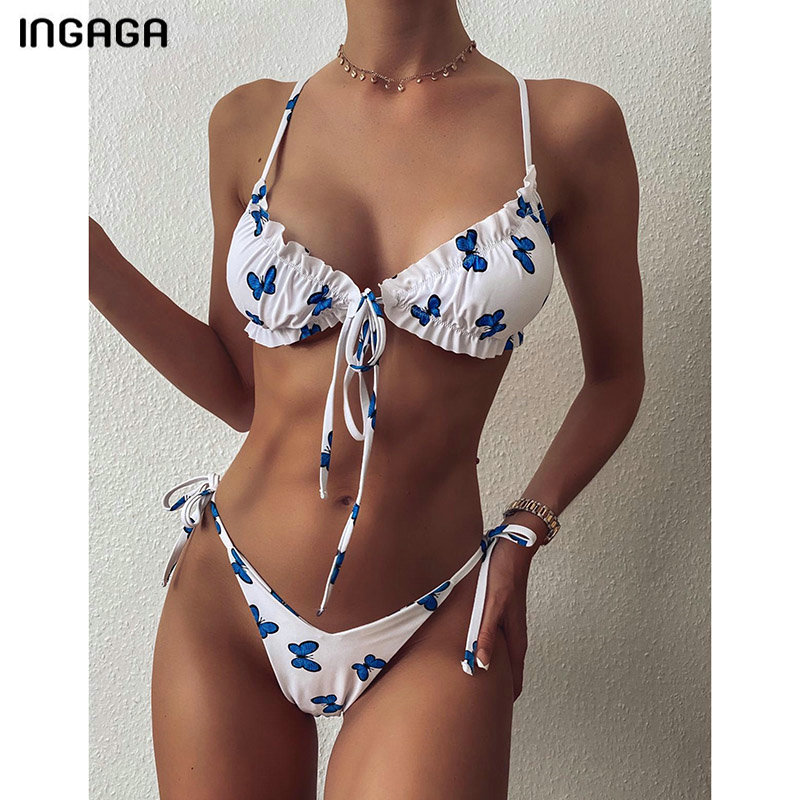 

INGAGA Push Up Bikinis Swimsuits Swimwear Women High Cut Biquini String Bow Bathing Suits 2021 Thong Beachwear Ruched Bikini Set, Black
