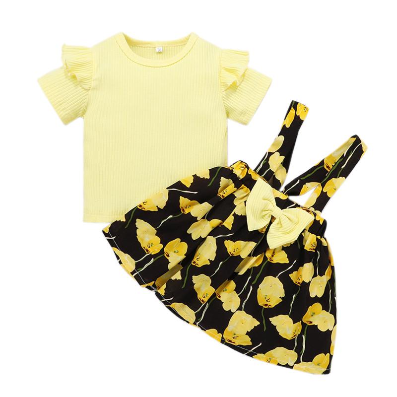 

Clothing Sets 2pcs Born Baby Girl Clothes Set Kid Toddler Infant Solid Ribbed Tops Floral Print Suspender Dress Outfits Children's, White