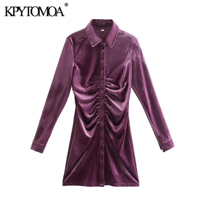 

2021kpytomoa women 2021 chic fashion pleated velvet mini dress vintage long sleeve button-up female dresses vestidos mujer, Black;gray