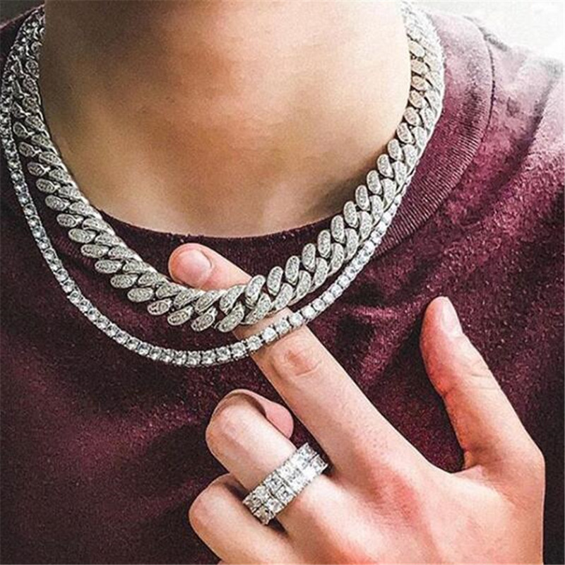 

2pcs/set Hip Hop CZ Bling Full Rhinestones Iced Out Miami Curb Cuban Chain 4mm Tennis Chain Paved Necklaces For Men Jewelry X0509