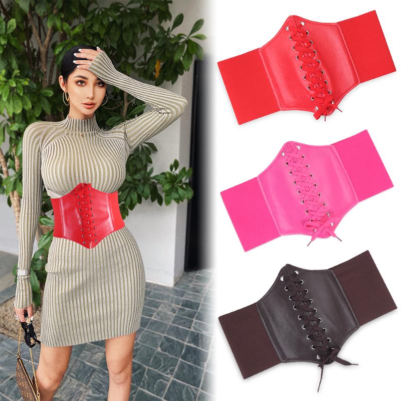 

Belts Fashion Charm Wide Corset Waistband With Lace Up PU Leather Band Elastic Stretch Cinch Women Supports Shapes Waist Belt, Black