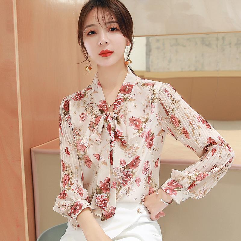 

Women's Blouses & Shirts French Chiffon Shirt Lantern Sleeves 2021 Spring Loose Lace Bow Printed Western Style Blouse, White