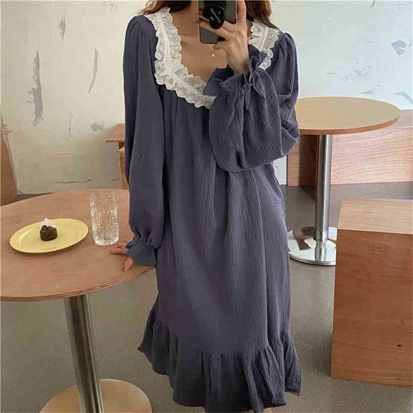 

Sweet Nightdress Square Collar Solid Cotton Gentle Nightwear Soft Casual Loose Fashion Long Sleeves Pajamas 210525, Red