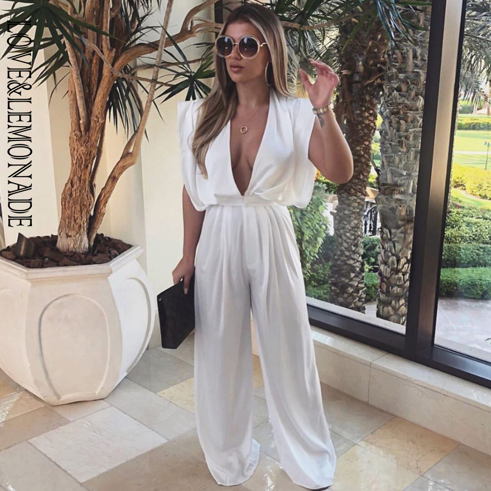 

LOVE&LEMONADE Sexy Deep V-Neck Open Back Loose Wide Leg Shape Jumpsuit LM82918, Black